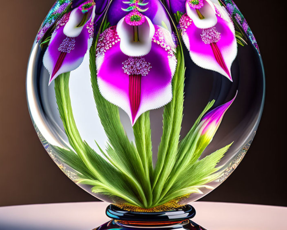 Purple and White Flowers in Transparent Sphere Illustration