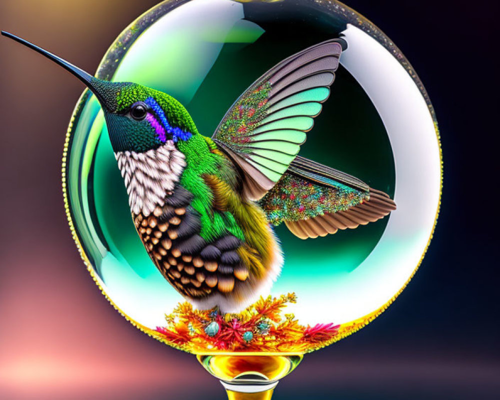 Colorful hummingbird with butterfly wings in transparent bulb with flora - digital artwork