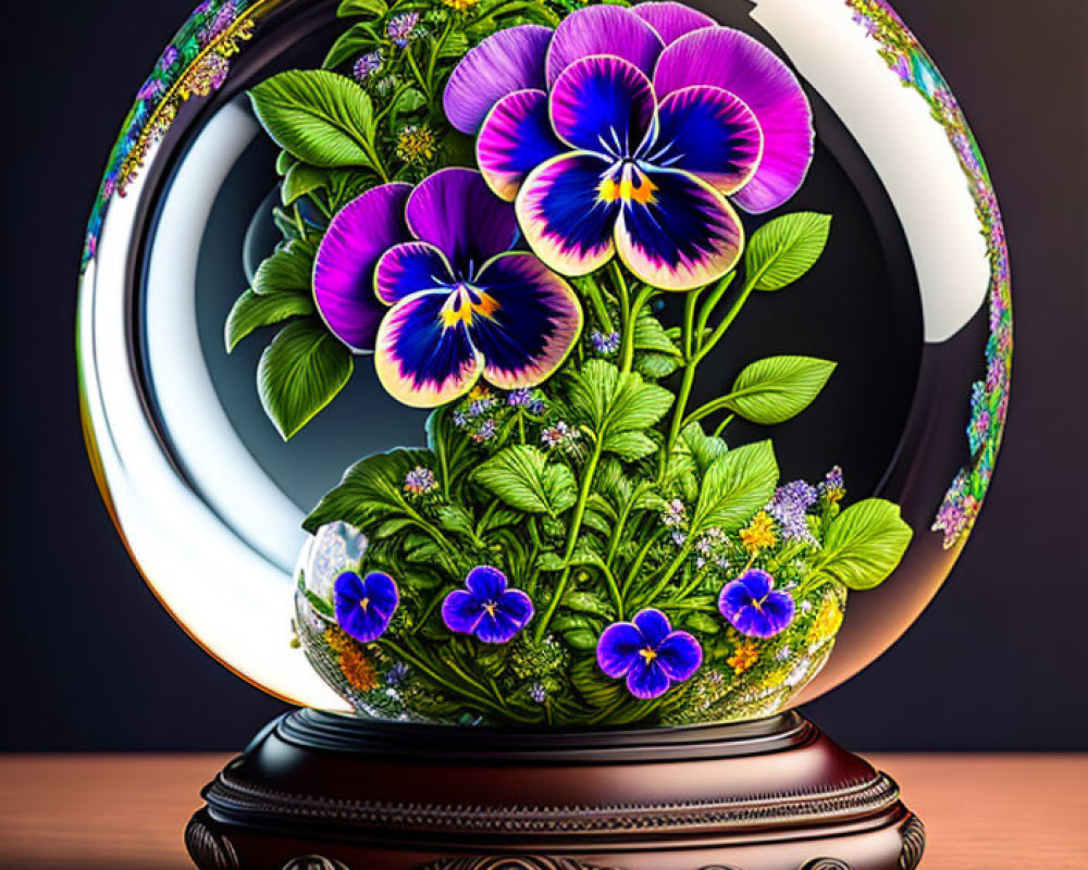 Vibrant spherical terrarium with purple pansies and green foliage on wooden base