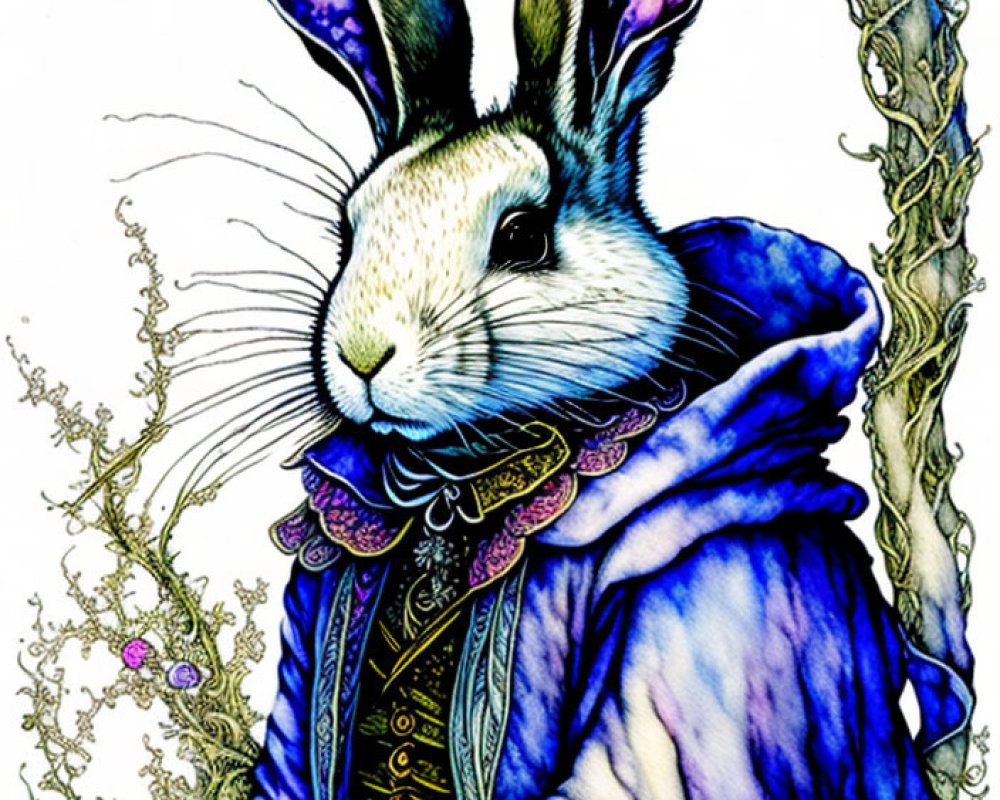 Anthropomorphic rabbit in elegant blue coat beside a plant