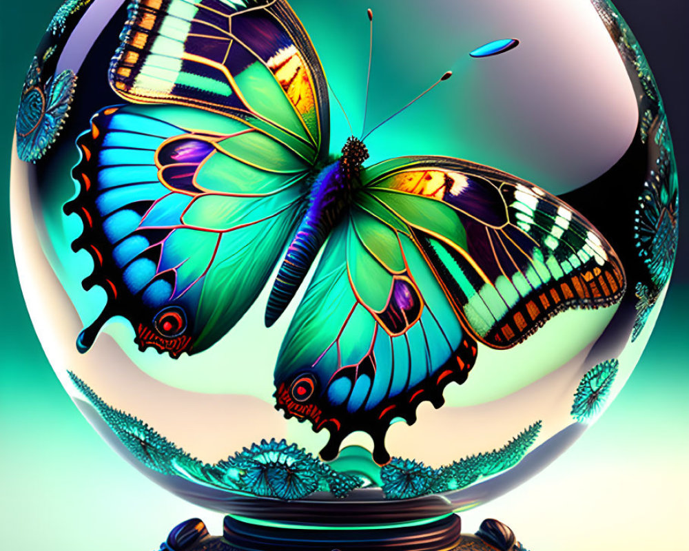 Colorful Butterfly Artwork in Transparent Orb on Ornate Stand