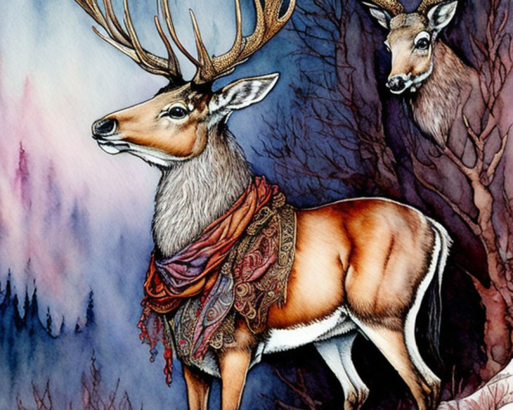 Two majestic deer with elaborate antlers in a wintery forest, one wearing a decorative scarf