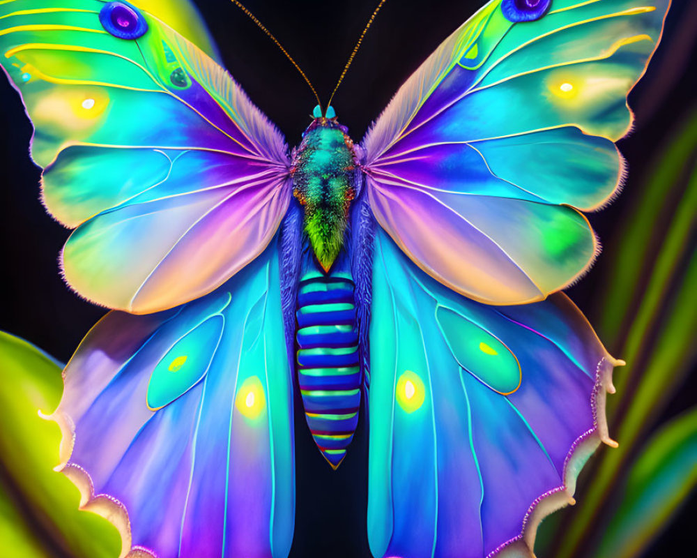 Colorful Butterfly Resting on Plants Against Dark Background