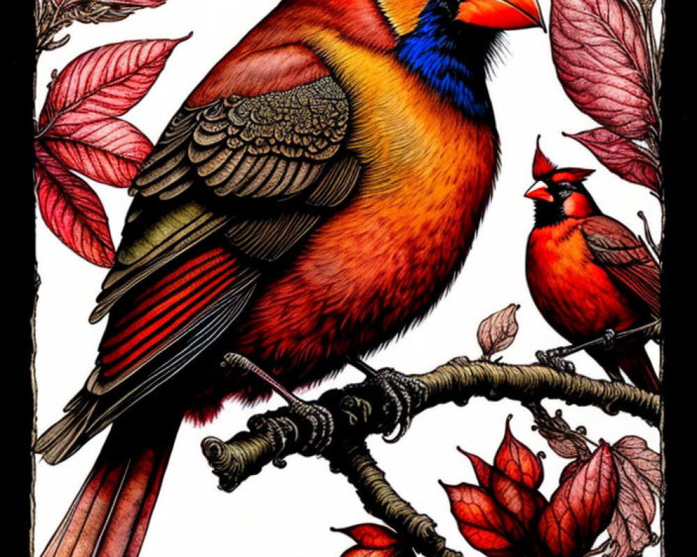 Detailed Illustration of Two Cardinals on Branch with Autumn Leaves