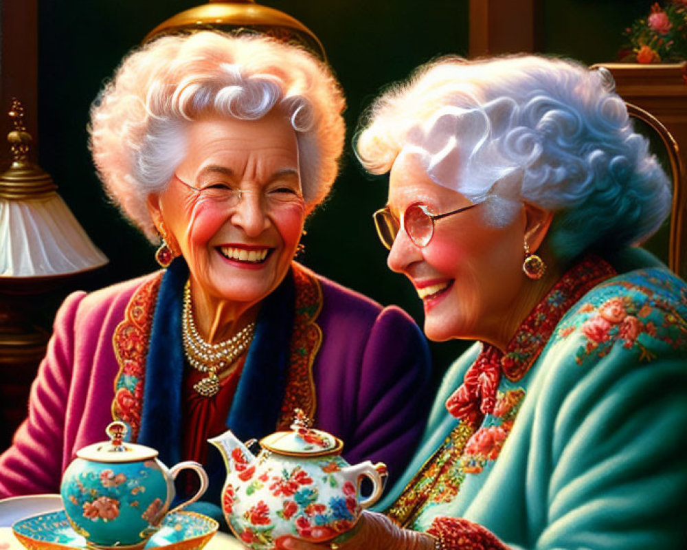 Elderly women enjoying tea together with scenic background