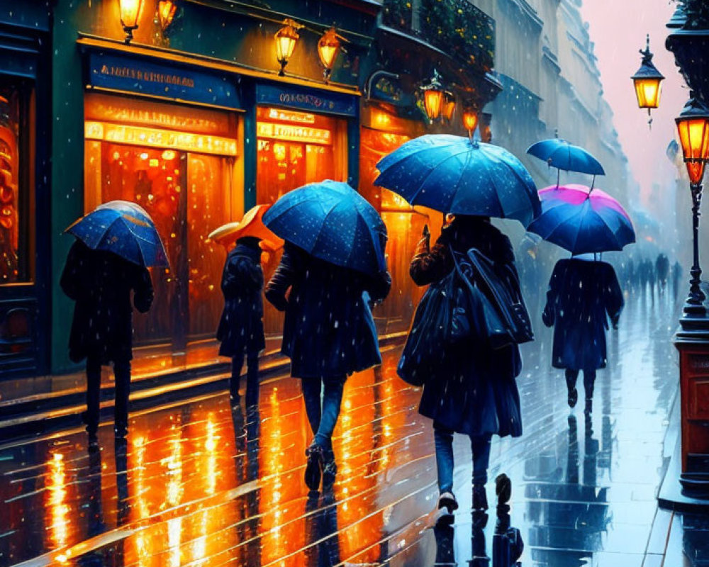 Urban scene: Rainy evening, people with umbrellas, street lights reflecting on wet pavement