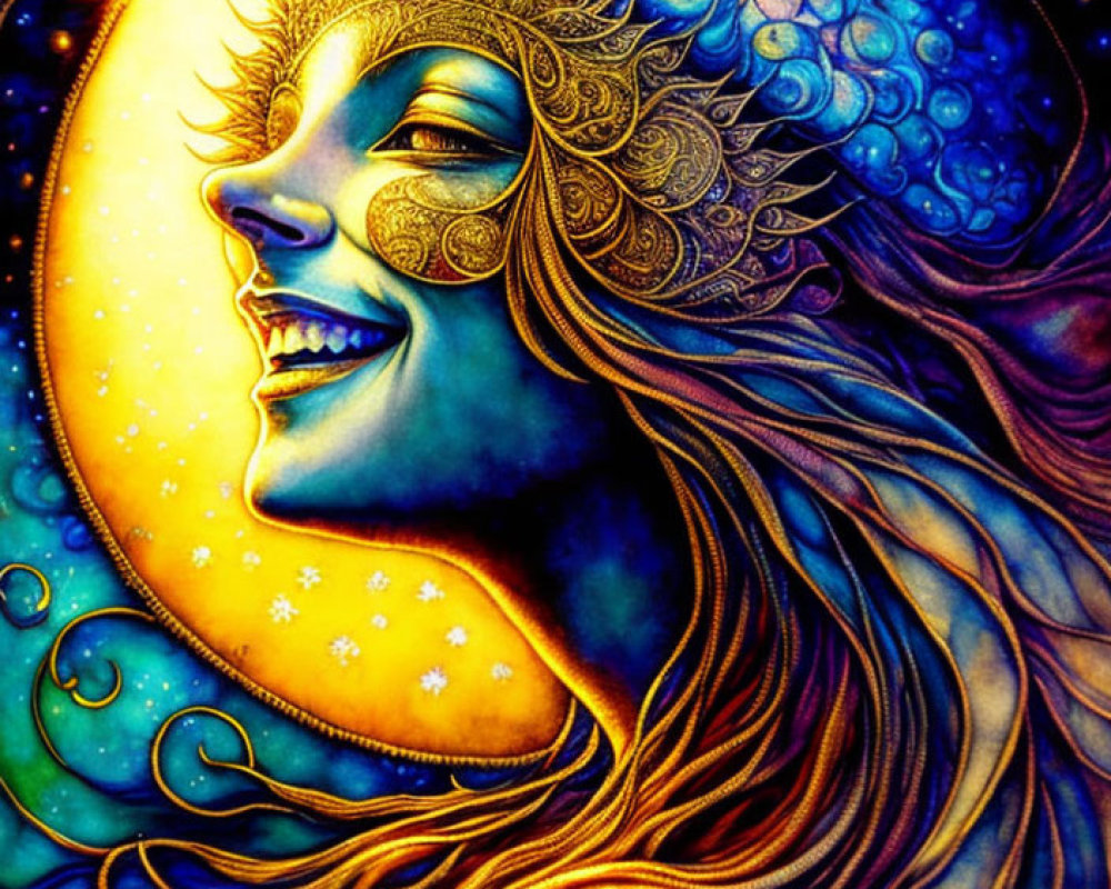 Colorful feminine entity with sun-like aura and intricate headpiece in starry setting