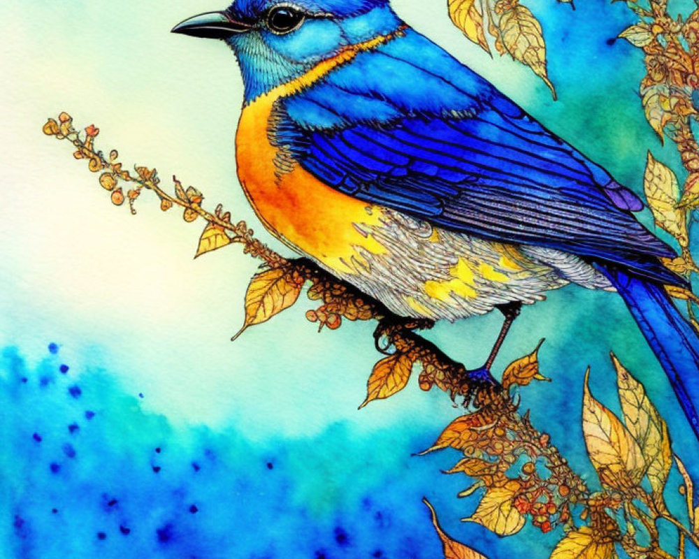 Colorful Watercolor Painting of Blue and Yellow Bird on Branch