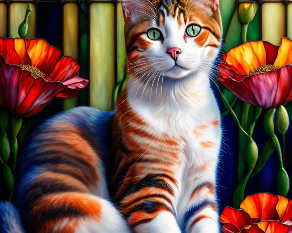 Vibrant Tabby Cat with Red Poppies and Stained Glass Background