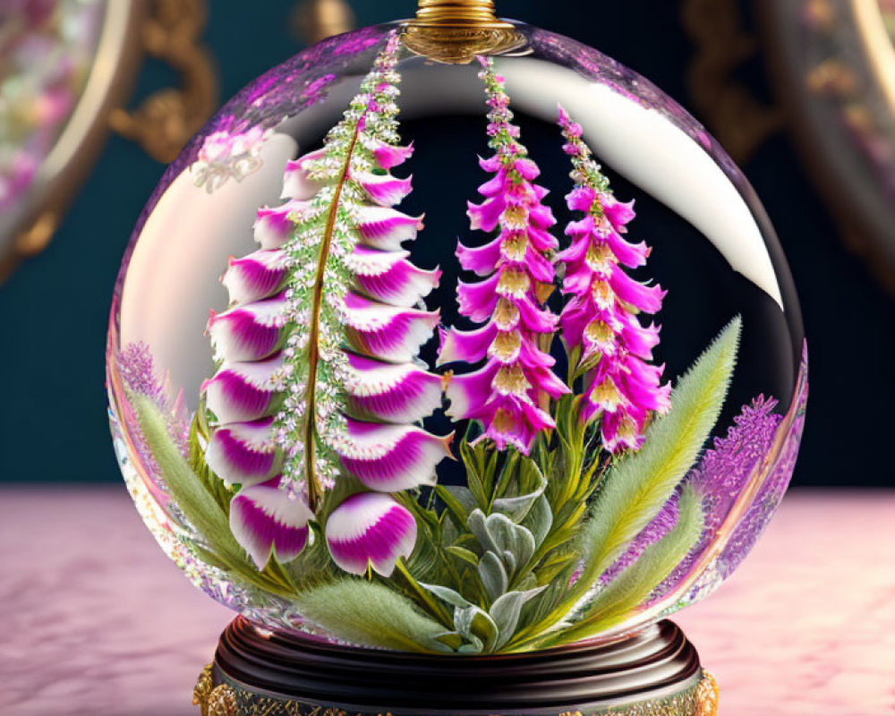 Glass terrarium with pink and white foxglove flowers on teal backdrop