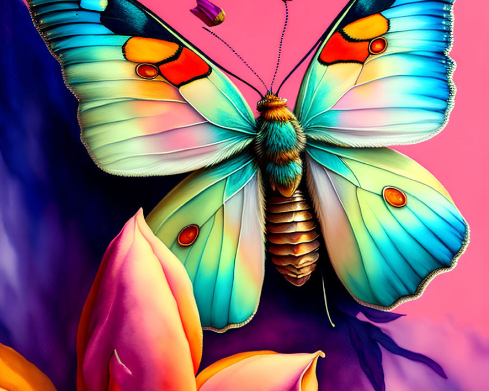 Colorful Butterfly Illustration Perched on Pink Tulips