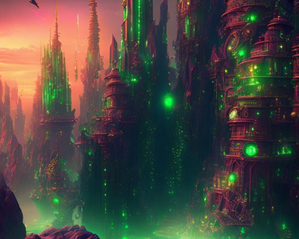 Futuristic cityscape at dusk with green-lit spires and neon river