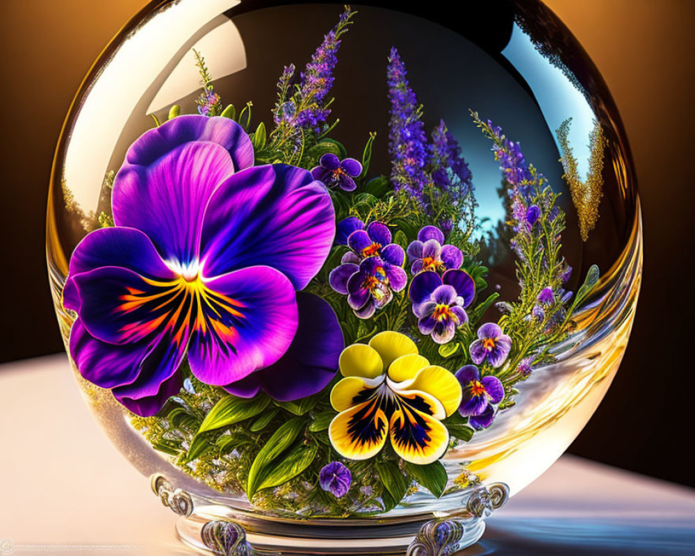 Crystal ball magnifies vibrant purple and yellow pansies and flowers on warm backdrop