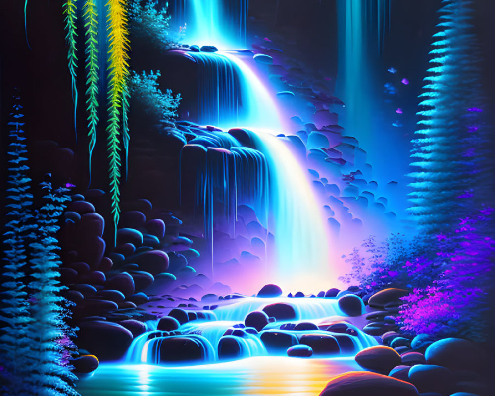 Neon-lit waterfall with glowing blue water in serene pool