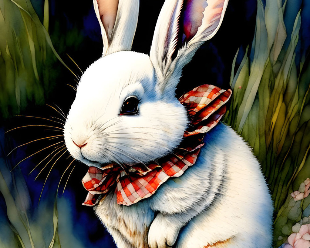 Colorful White Rabbit Illustration with Checkered Neckerchief Against Floral Background