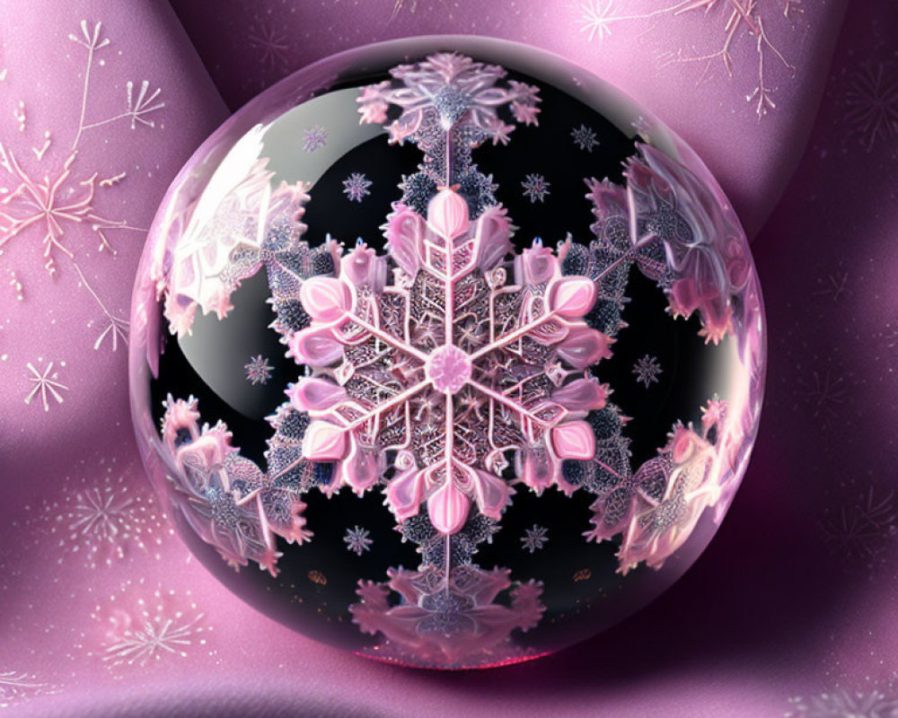 Reflective snowflake sphere on pink textured fabric background