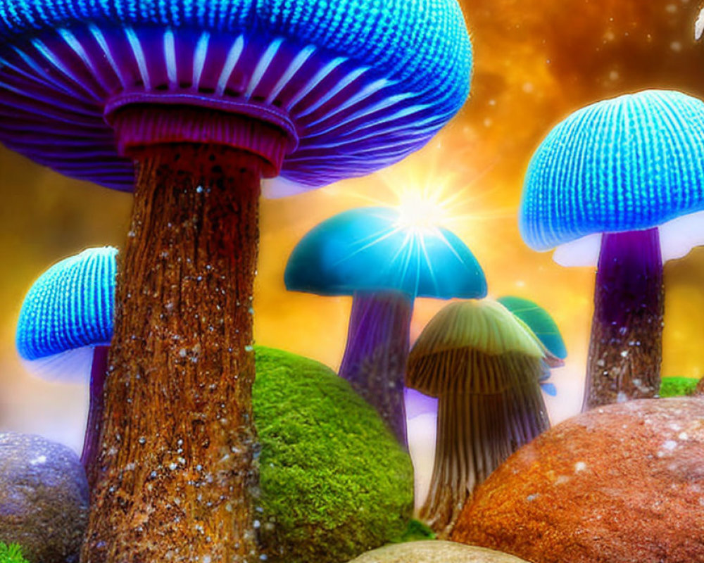 Fantasy scene: Glowing blue mushrooms, colorful boulders, and starry sky