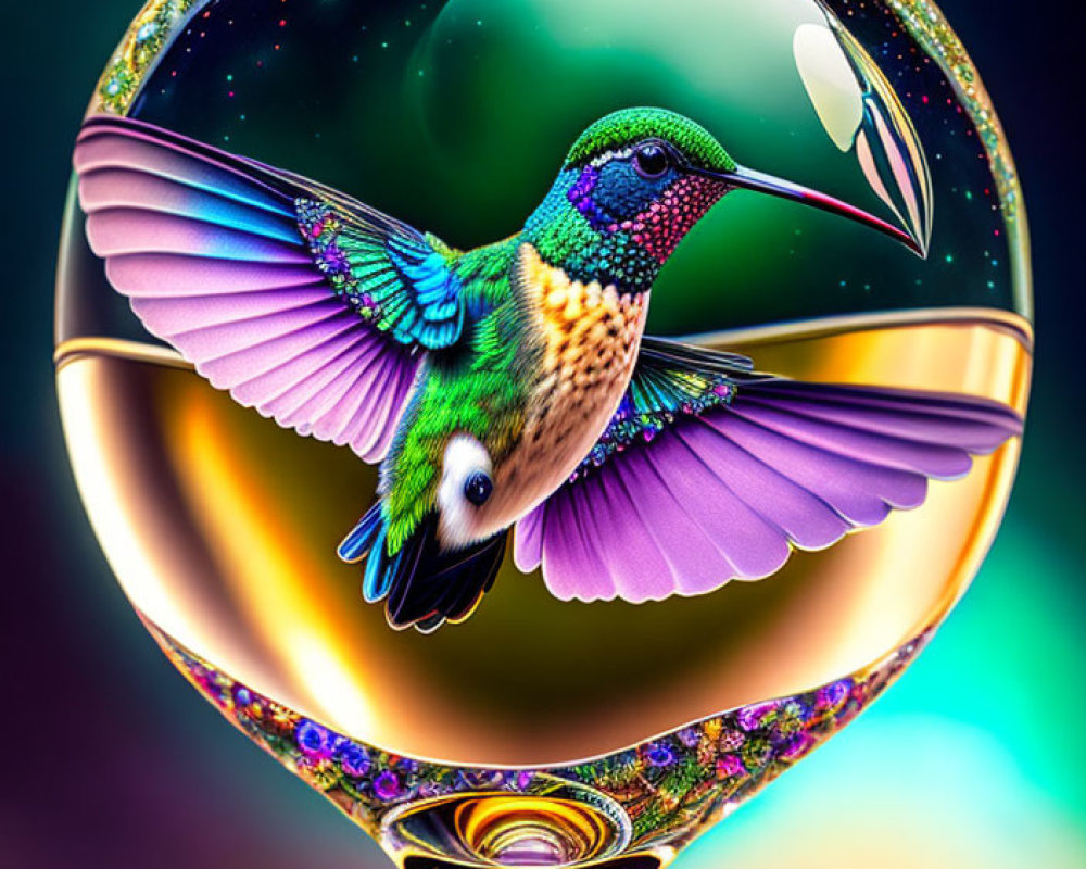 Colorful hummingbird digital artwork in cosmic glass orb.