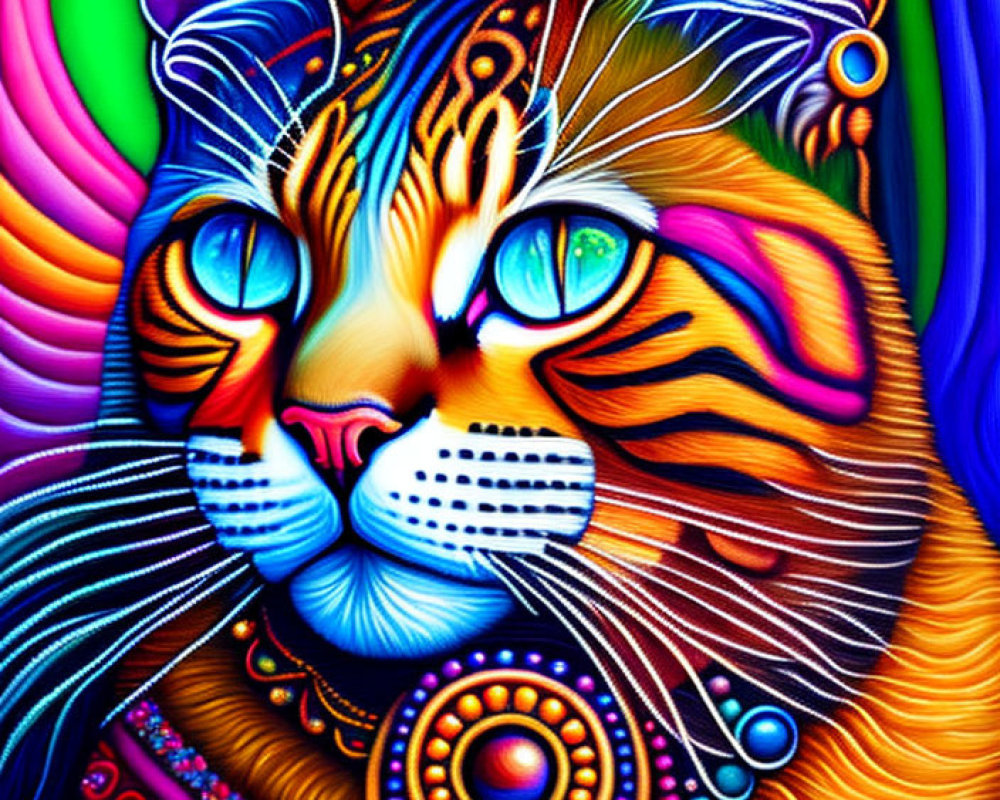 Colorful Psychedelic Cat Painting with Swirling Designs