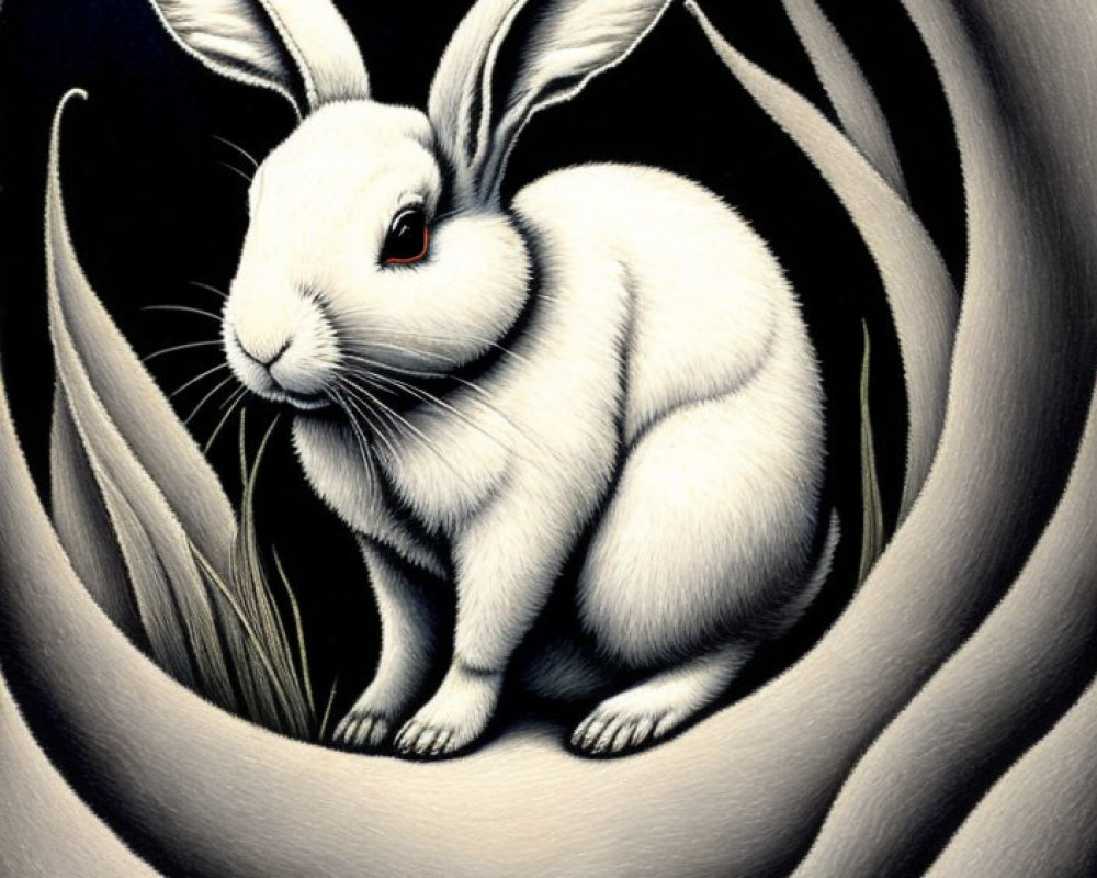 White Rabbit in Abstract Circular Void with Grass Accents in Grayscale Palette