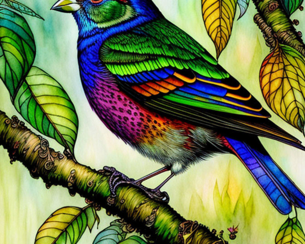 Colorful Bird Illustration Perched on Branch with Green Leaves