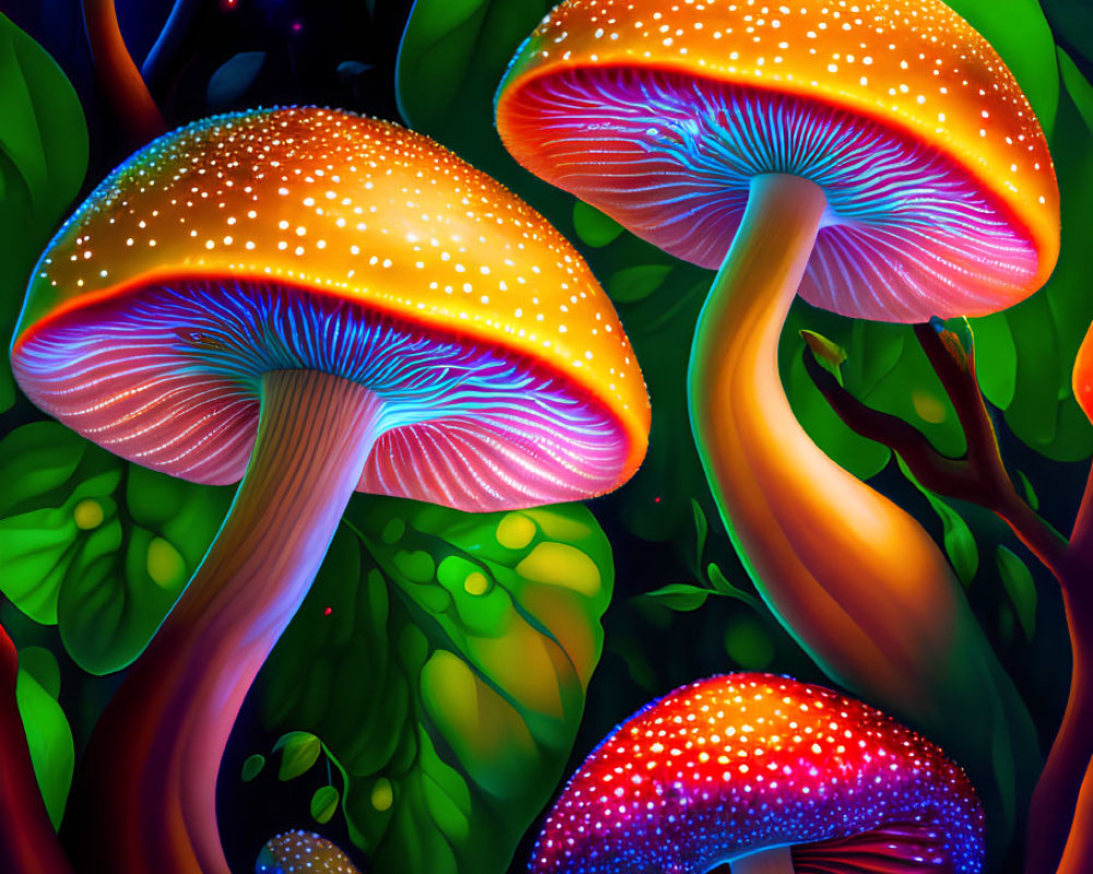 Luminescent Mushroom Digital Art in Mystical Forest