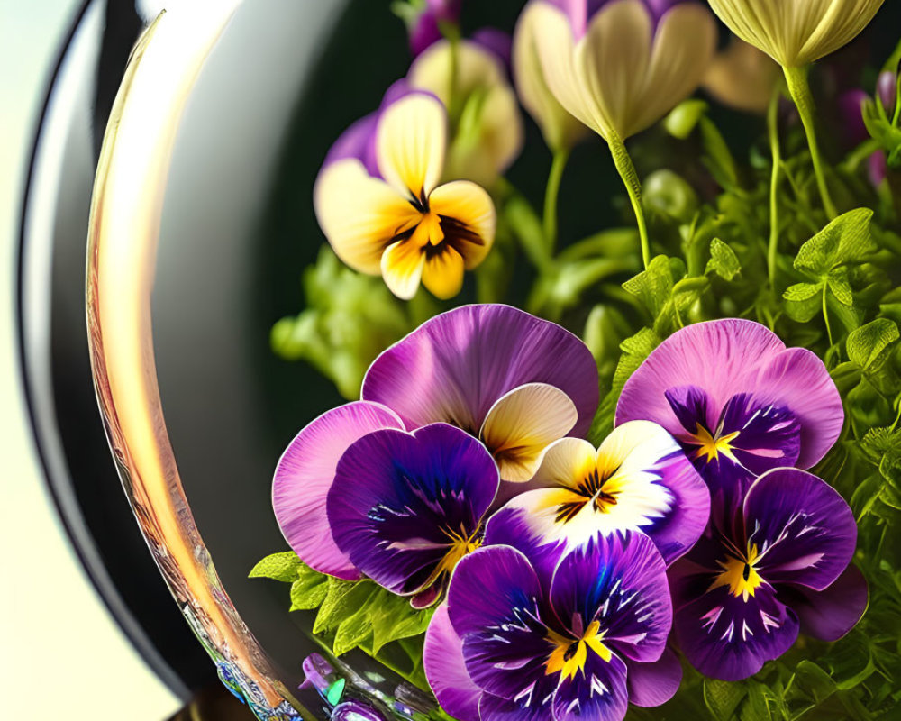 Vibrant pansies in purple, yellow, and white reflected in ornate mirror.