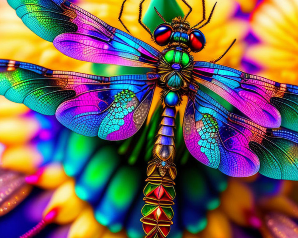 Colorful Dragonfly Artwork on Flower with Iridescent Wings