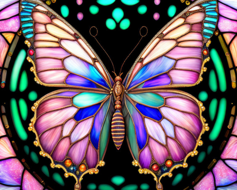 Symmetrical butterfly digital artwork in pink, blue, and gold hues