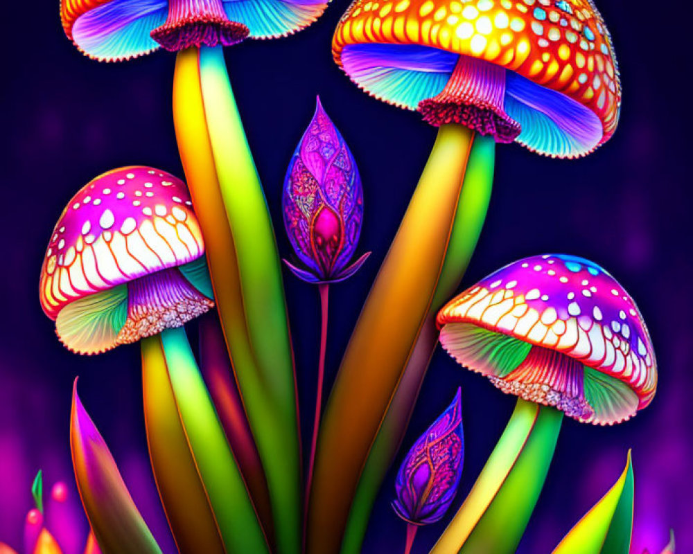 Colorful stylized mushrooms on glowing stems in neon purple backdrop