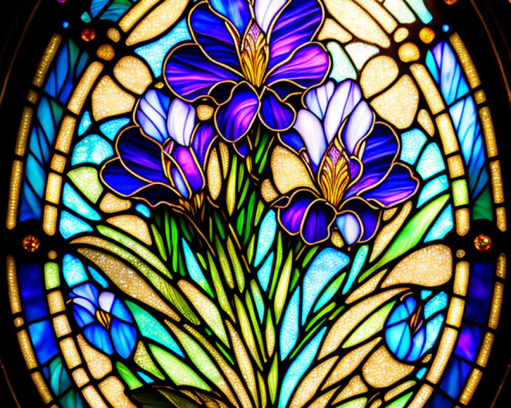 Colorful stained glass window with purple and blue iris flower design