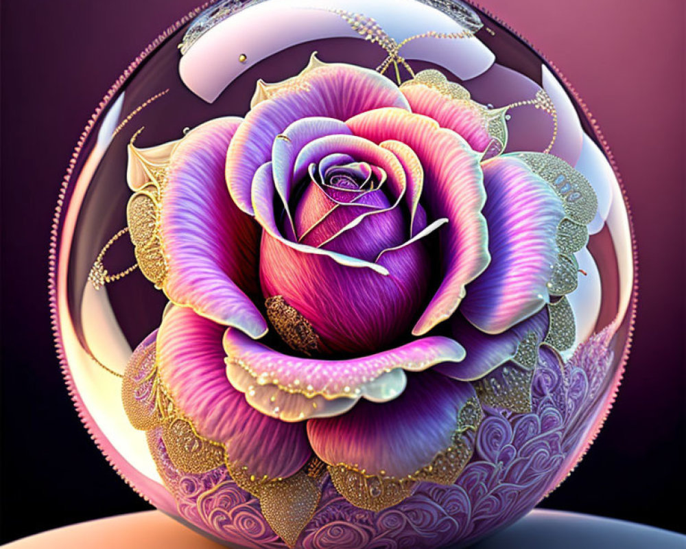 Vibrant purple rose in decorative translucent sphere with gold filigree patterns