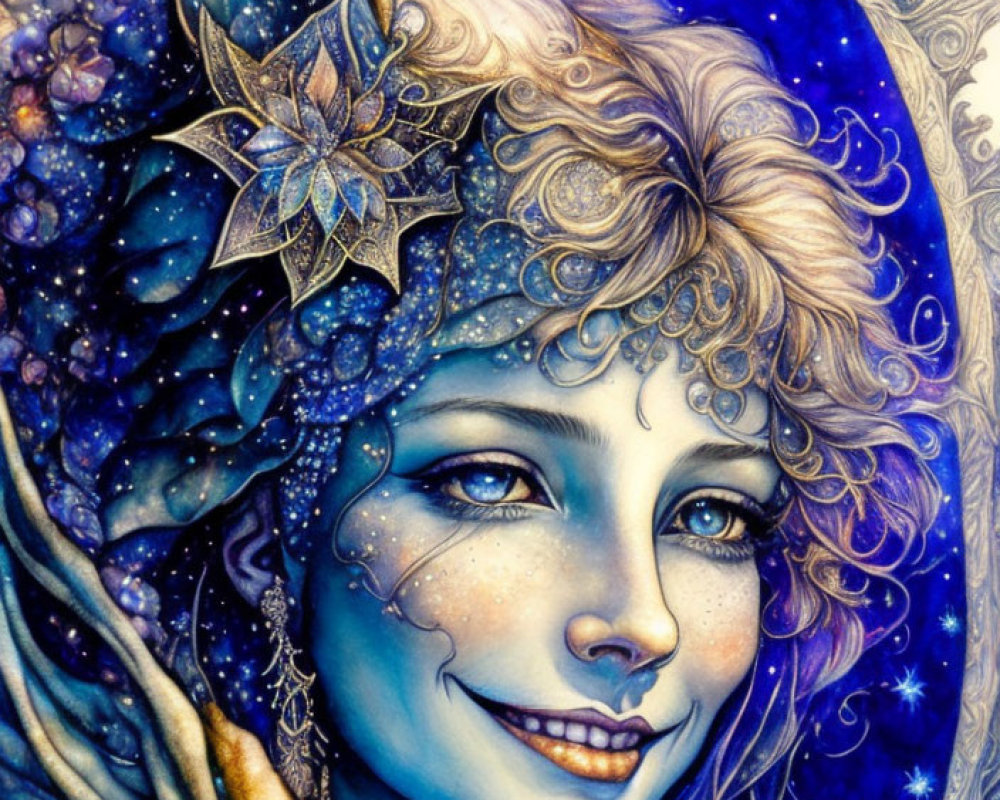 Woman with Starry Blue Hair and Cosmic Elements in Whimsical Artwork