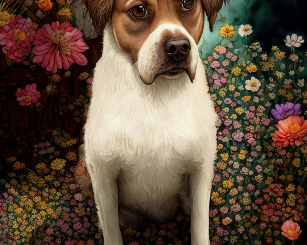 Brown and White Dog Surrounded by Colorful Flowers and Asian Motifs