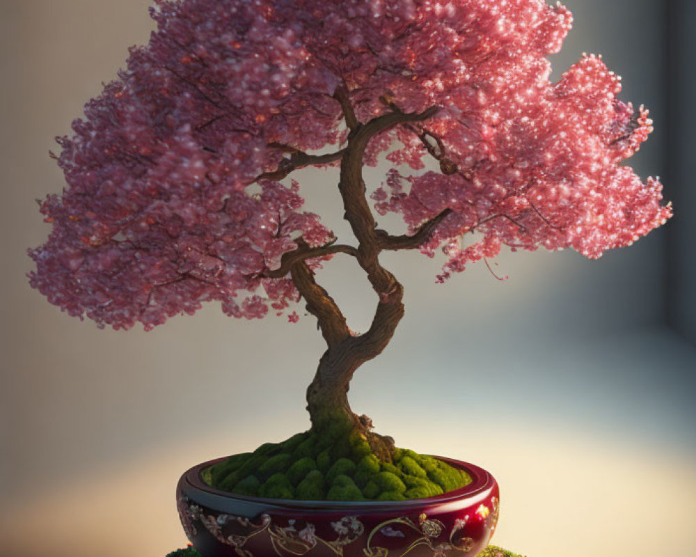 Pink bonsai tree in red pot under soft light