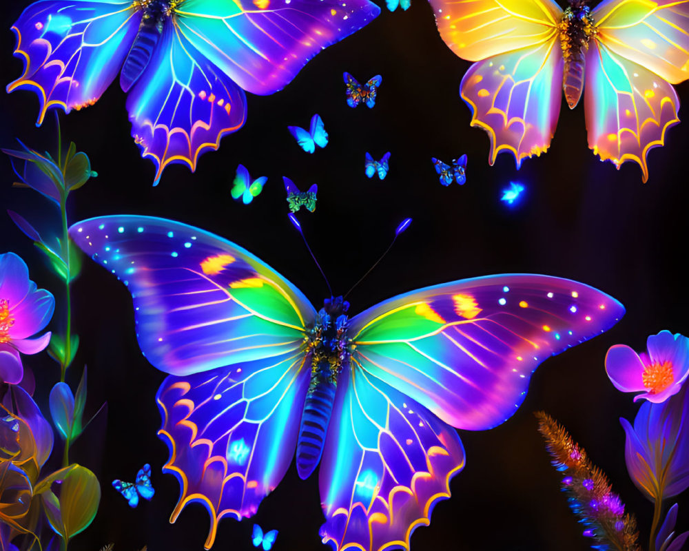 Colorful glowing butterflies fluttering among luminous flowers on dark background