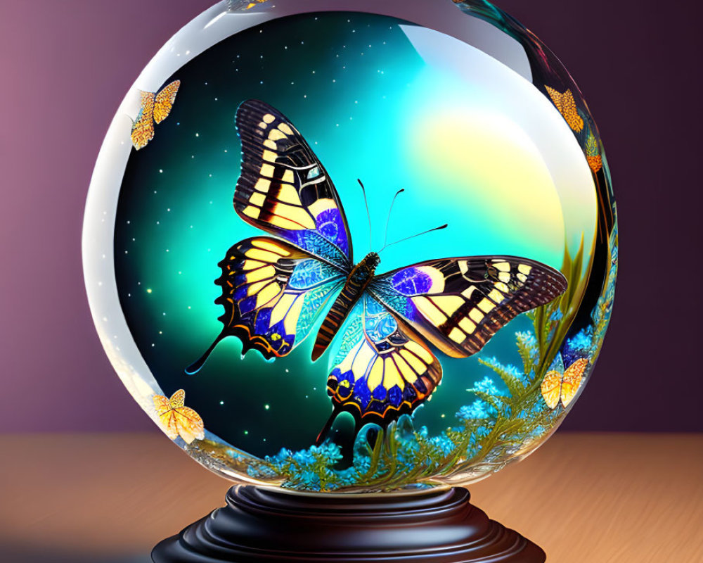 Colorful butterfly in crystal ball on wooden base with cosmic background and dandelion seeds against purple gradient