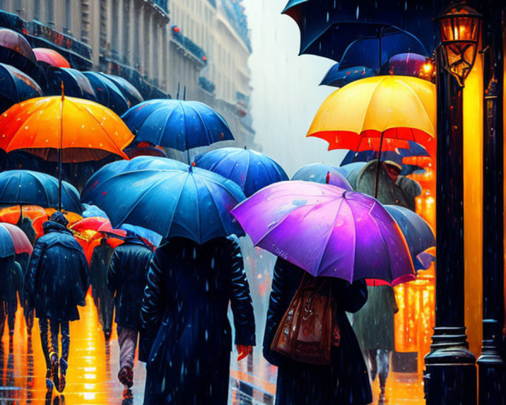 Vibrant umbrellas on rainy city street with pedestrians and glowing street lamp