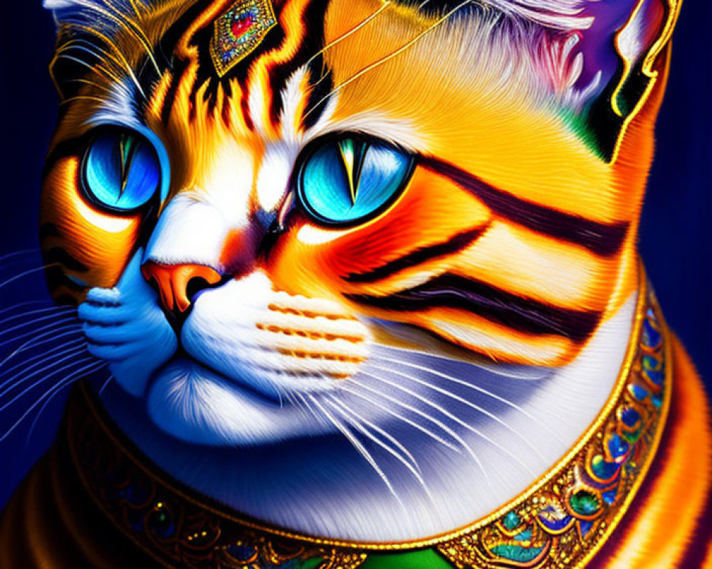 Colorful Digital Artwork: Orange Tabby Cat with Blue Eyes and Jeweled Accessories