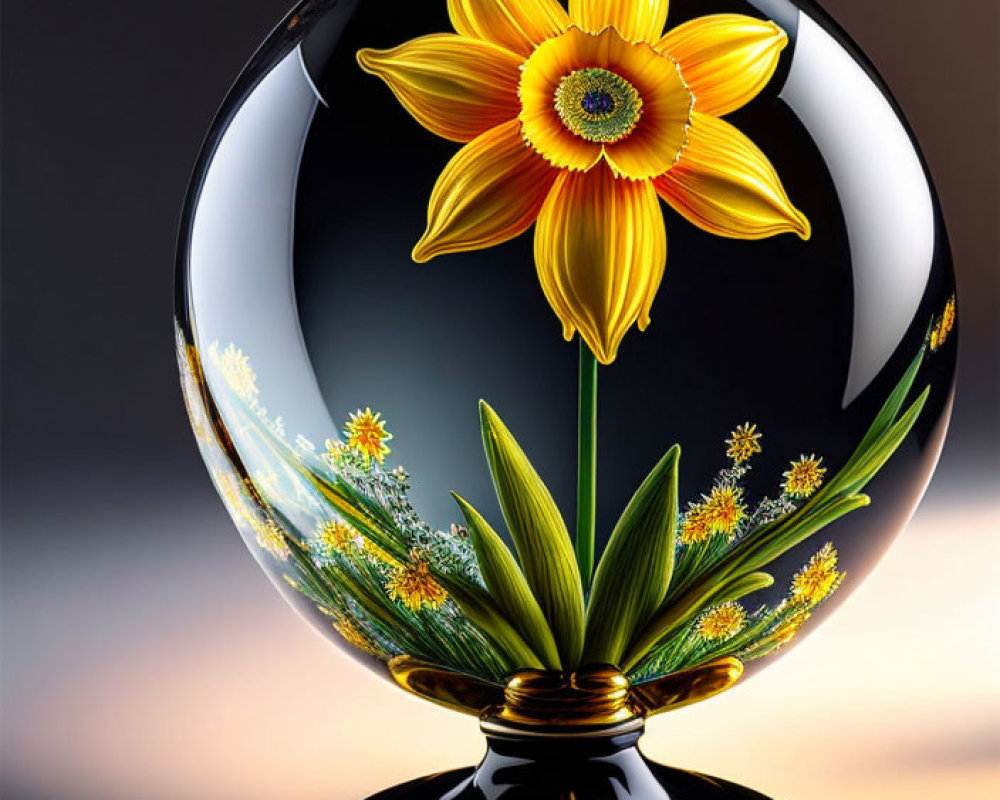 Yellow Flower in Circular Terrarium-Like Structure on Pedestal