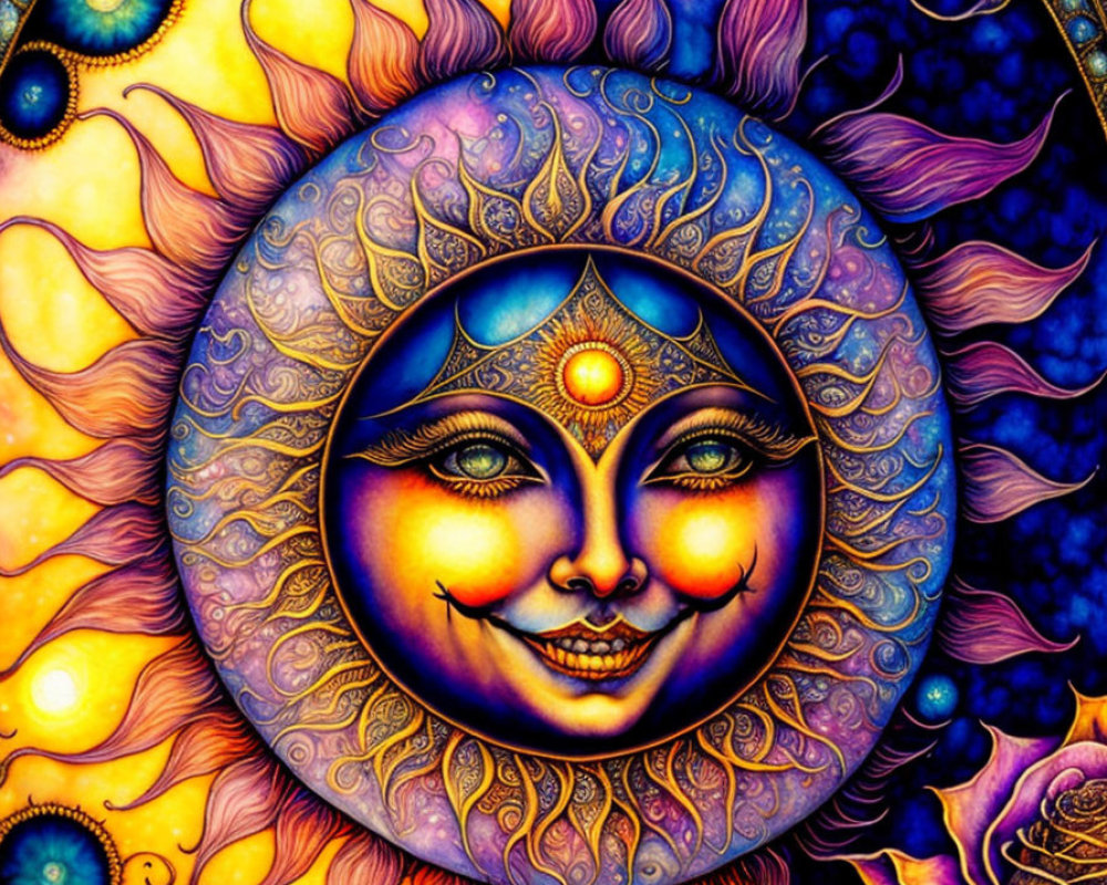 Colorful celestial face with third eye in flames and cosmic patterns.