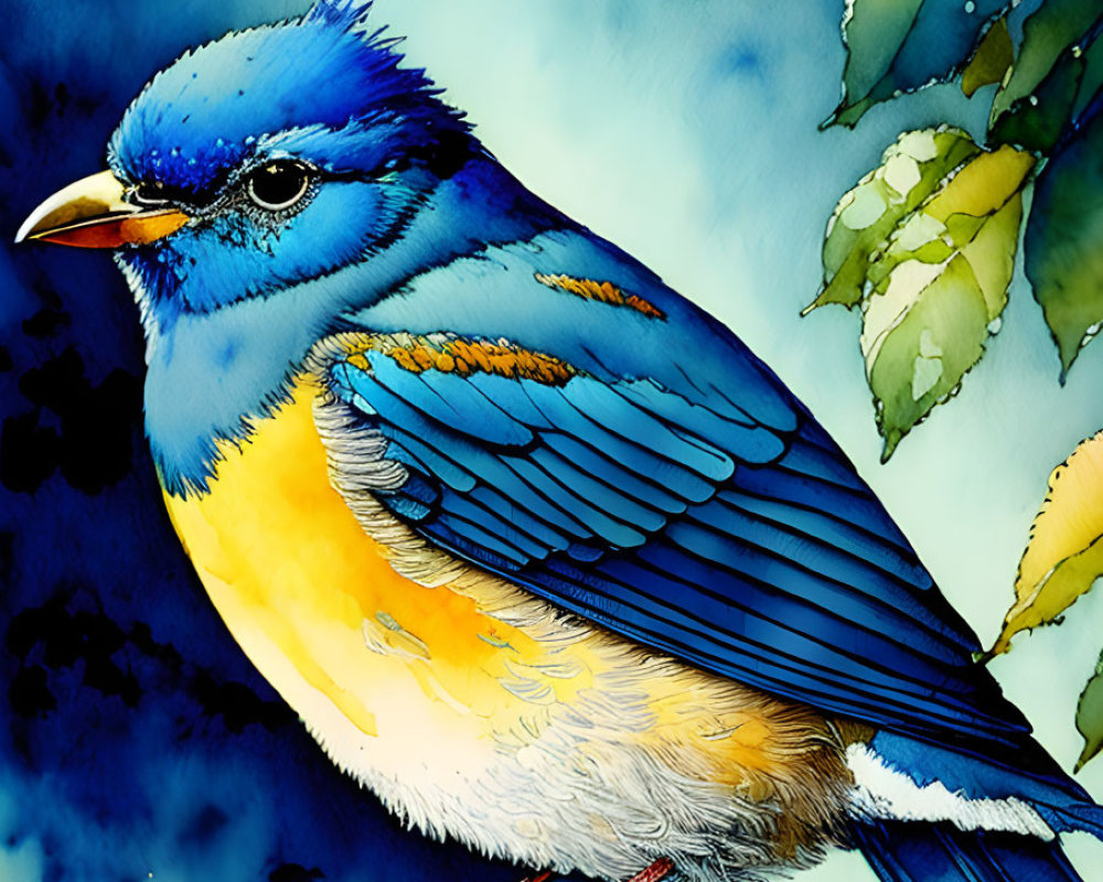 Vibrant blue and yellow bird on branch with green leaves against blue background