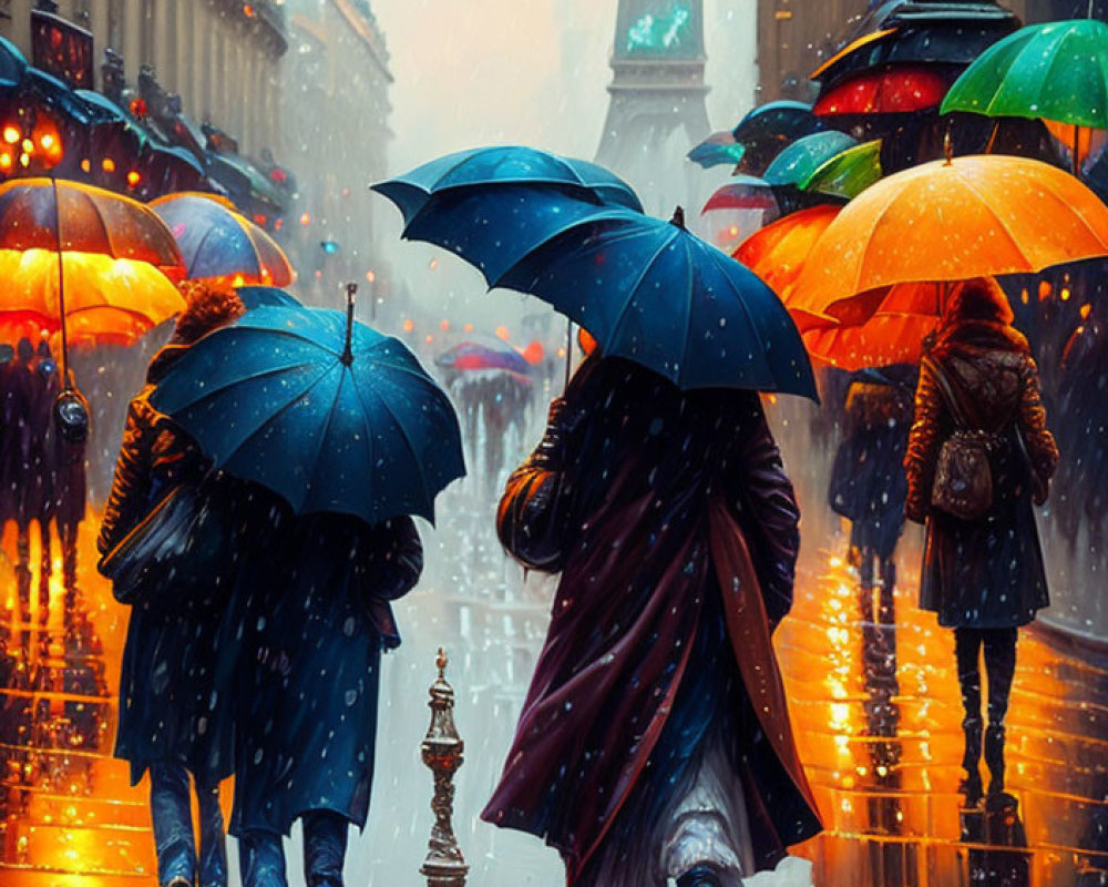 Colorful Umbrellas on Rainy Street with Glowing Lights and Classic Architecture