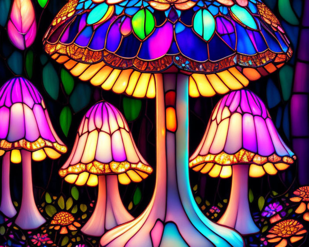 Vibrant glowing mushroom digital art on dark background