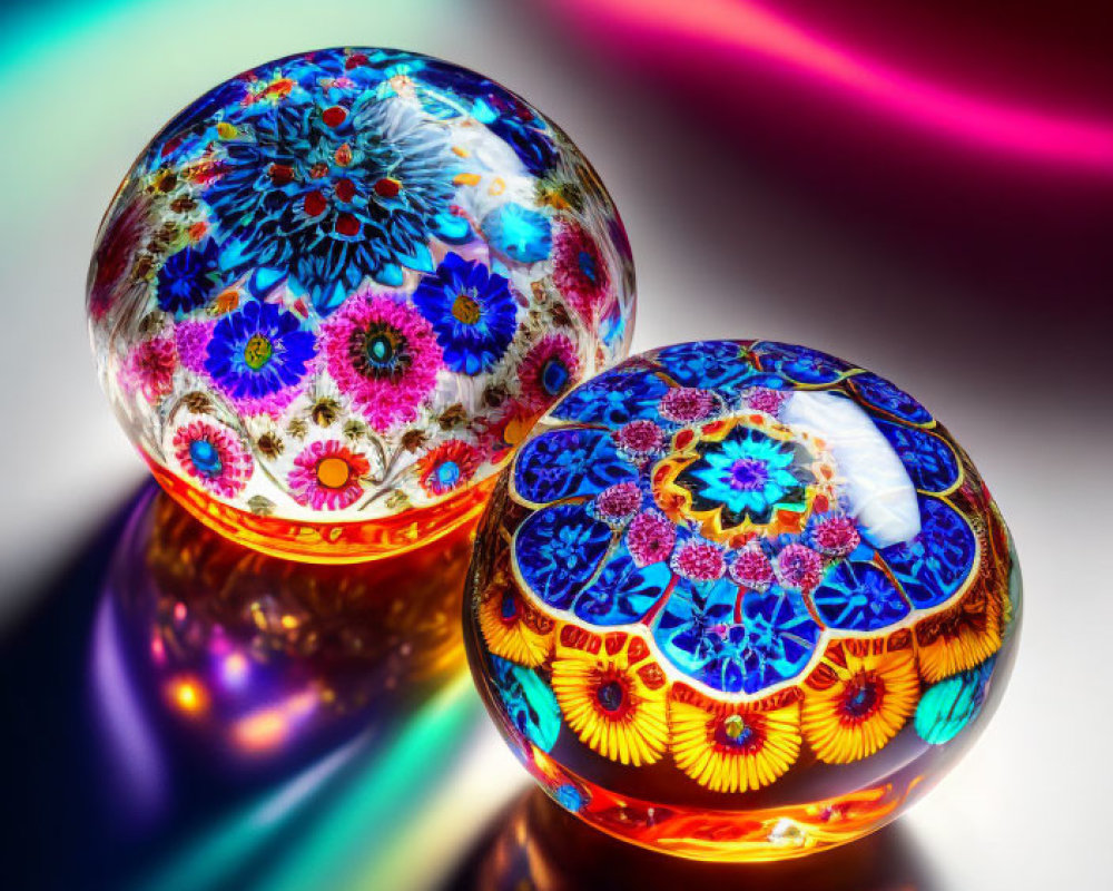 Colorful Glass Paperweights with Intricate Floral Patterns on Dark Background