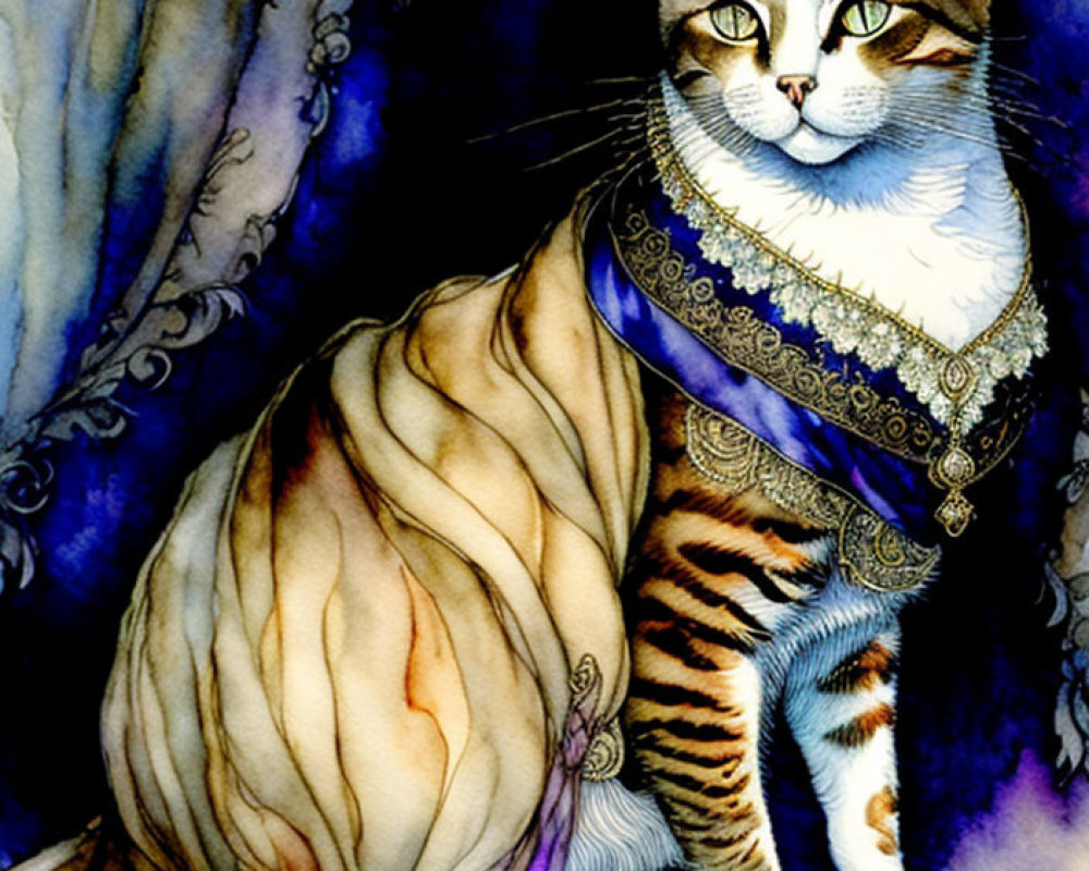 Regal cat illustration in jeweled attire on blue background