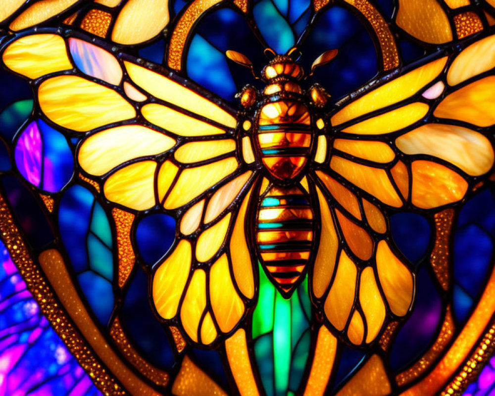 Colorful Bee Design in Vibrant Stained Glass Window