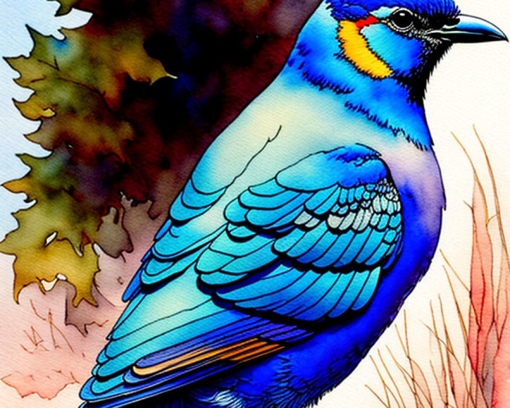 Colorful Blue Jay Illustration on Brown Branch with Autumn Leaves