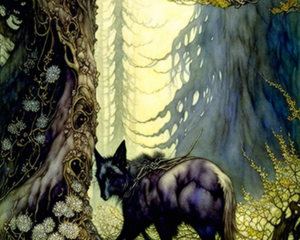 Mystical black wolf in enchanted forest with intricate trees and rich flora