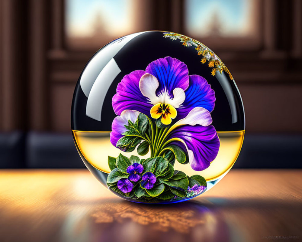 Reflective glossy sphere with purple pansies and classical architecture background